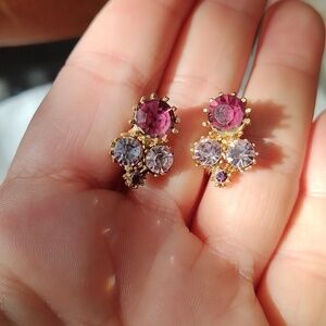 Vintage Dark Purple and lavender Rhinestone clip on earrings with gold tone